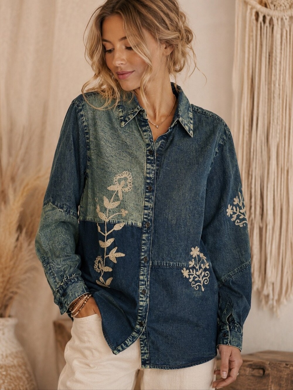 442.Embroidered Patchwork Denim Button Down Shirt